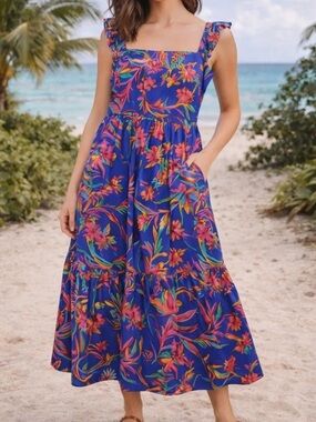 J.Crew smocked midi dress pockets blue tropical floral print ruffled straps sz 6